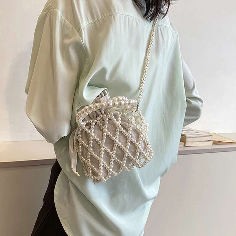 Handmade Beach Bag Handmade Pearl Sweet Brand Shoulder Tote Bag Bead Handbag Women Summer Party Small Bucket Purse Kq1
