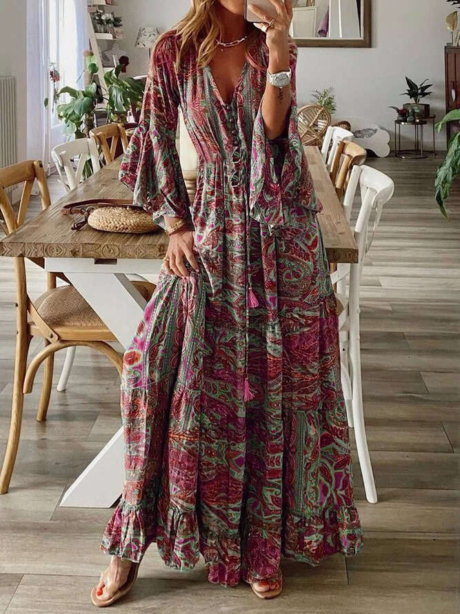 2025 Bohemian Flare Sleeves Printed V-Neck High Waist Holiday Fragmented Flower Women's Long Dress