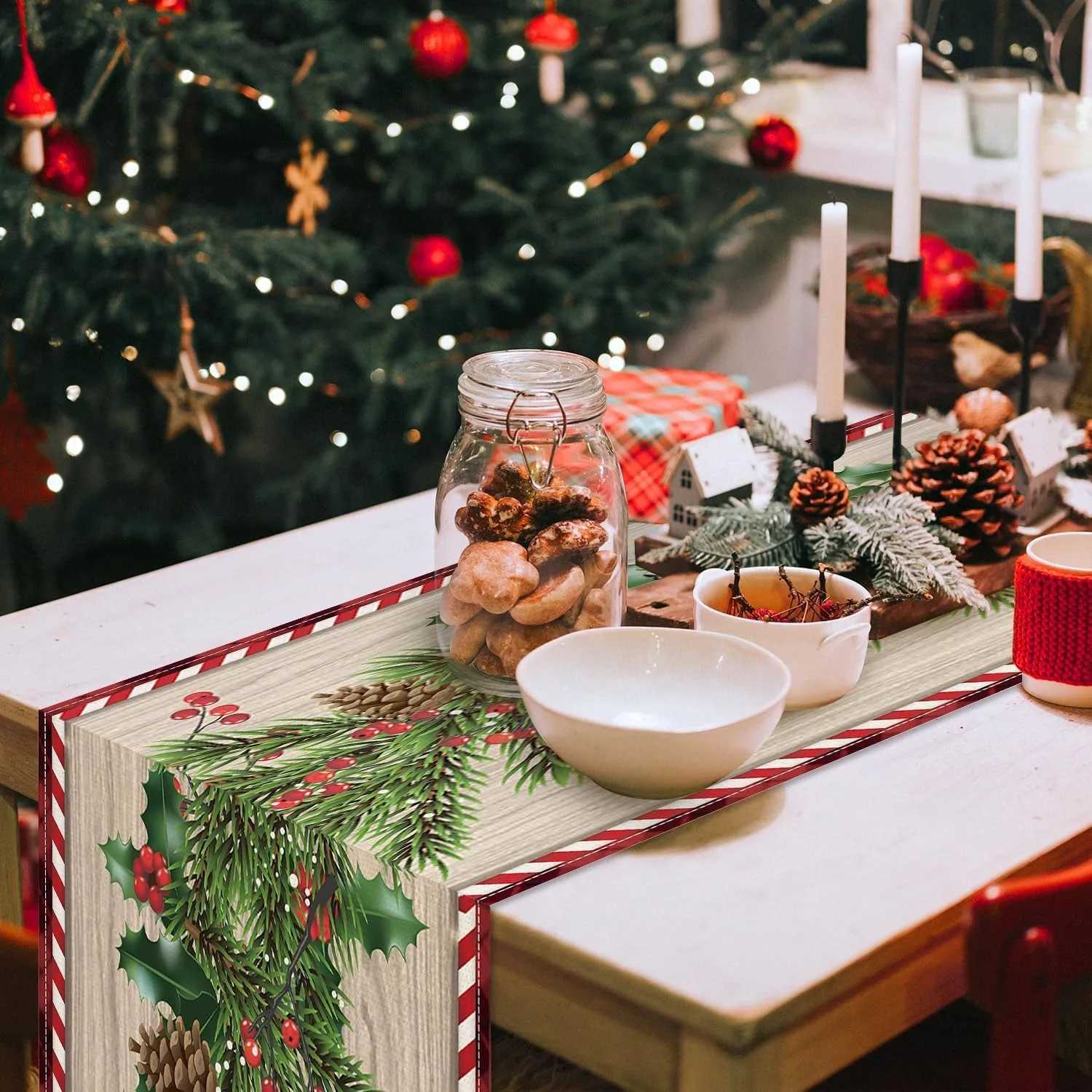 Christmas Festive Christmas table flag Pine Holly Berries Decor New Year home party decoration Y251113