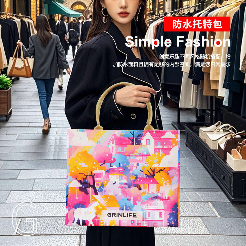 designer bag New environmentally friendly portable with printed waterproof beach travel, large capacity single shoulder women's tote bag