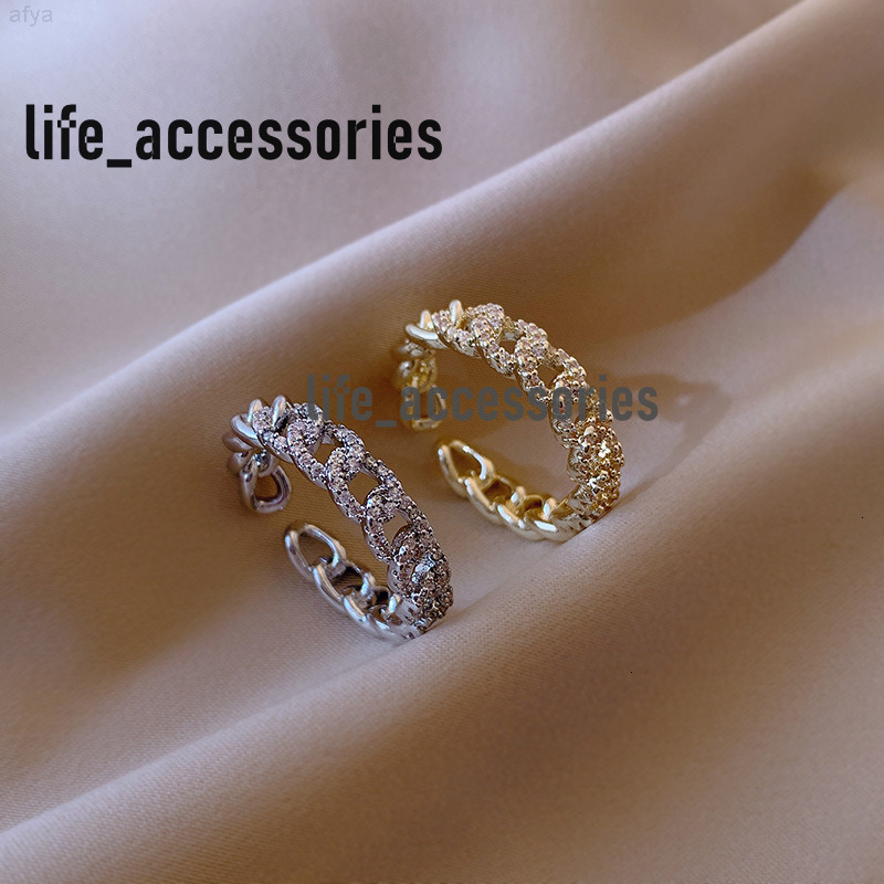 Waterproof Non Tarnish Jewelry 18k Gold Plated Zircon Chunky Cuban Chain Finger Open Ring Pave Diamond Adjustable