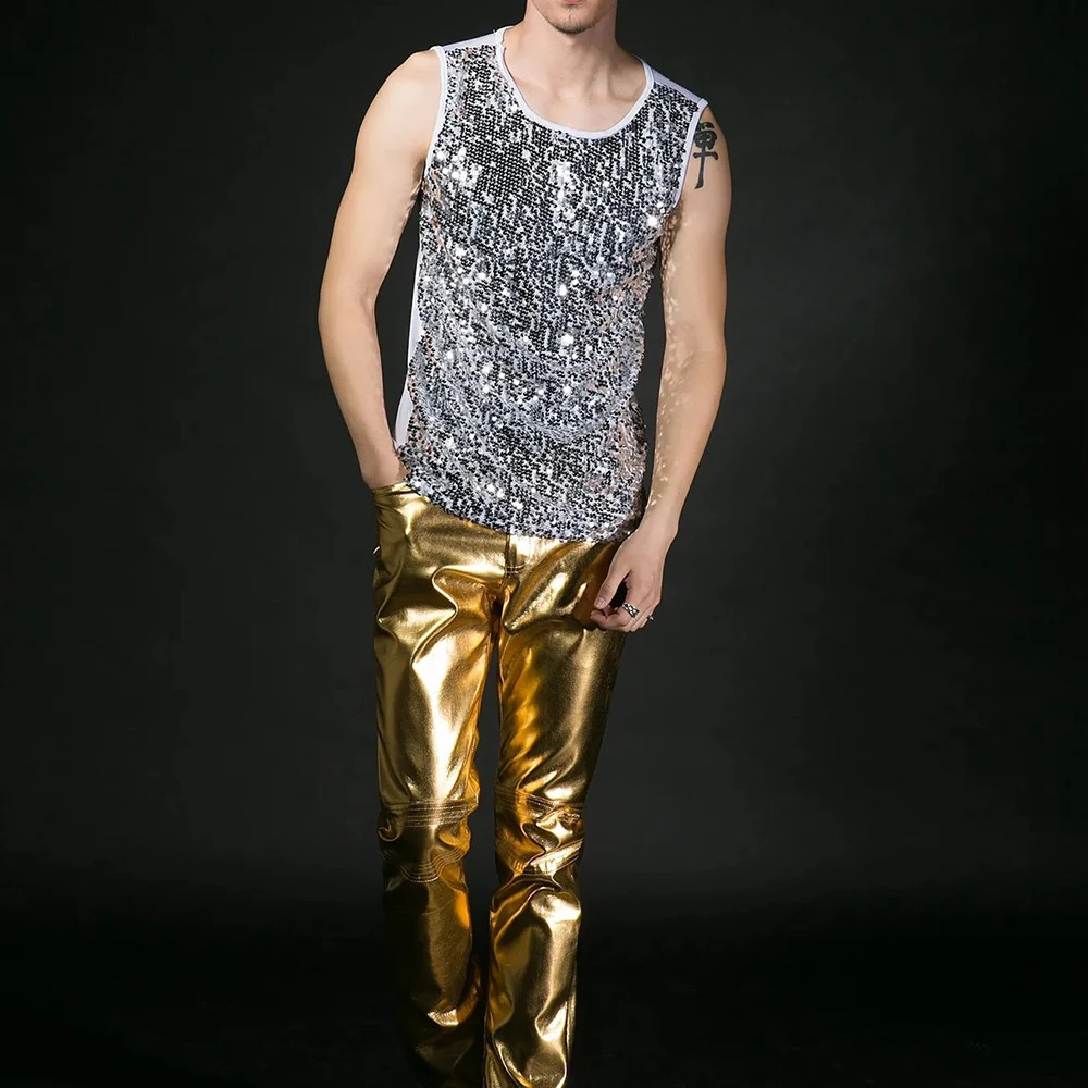 Mens Vest Stage Performance Sequin Tank Top 2025 Spring Streetwear Fashion Nightclub Youth Campus Trendy Tops MenS Clothing 250407