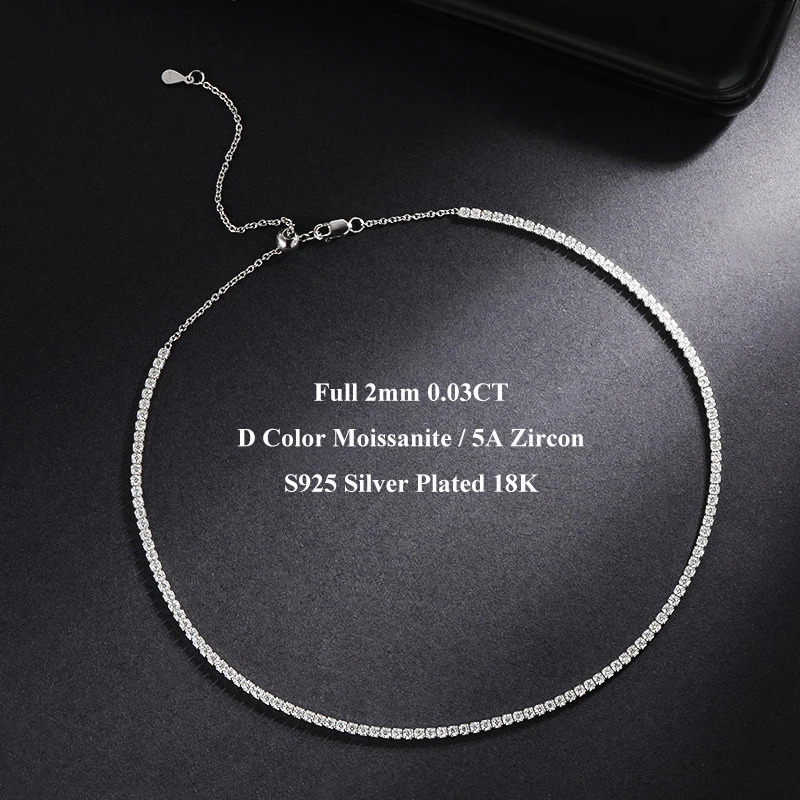 EWYA Full 2mm 0.03CT D Color Tennis Necklace for Women Lady S925 Silver Plated 18K Gold Neck Chain Choker Necklaces 250407