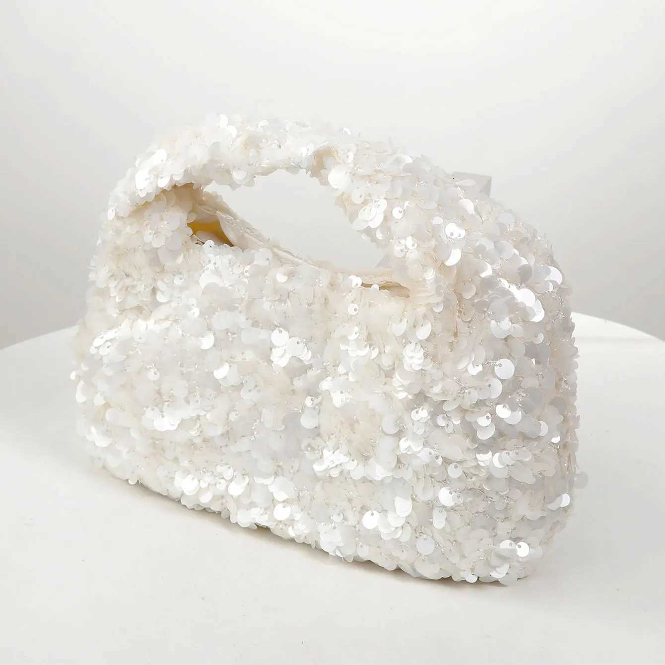 Women White Sequins Hobo Handbag Shiny Bucket Bag Elegant Evening Clutch Bag for Wedding Party Exquisite Small Tote Female PurseW251112