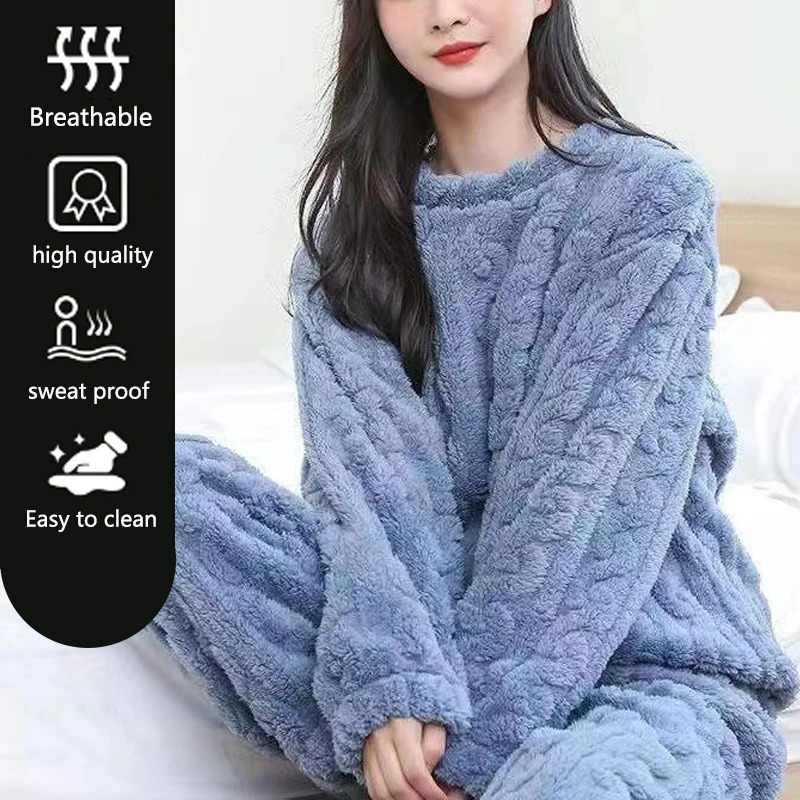 Thickened Warm Autumn and Winter Flannel Pajamas Women Long-Sleeved Solid Striped Homewear Black Plus Size School Loungewear 251112 - view 4