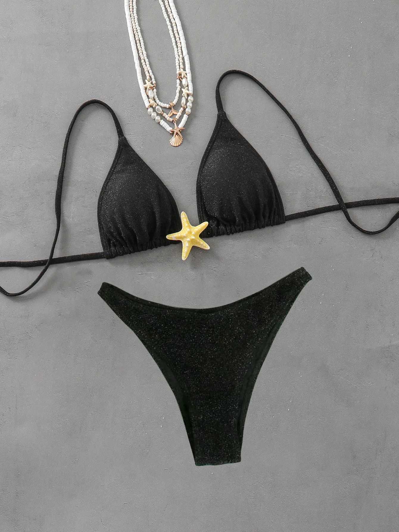 2025 New Sexy Halter Bikini Set starfish accessories Swimwear Womens Swimsuit Beachwear Black Green Lacing Up Bathing SuitW251113