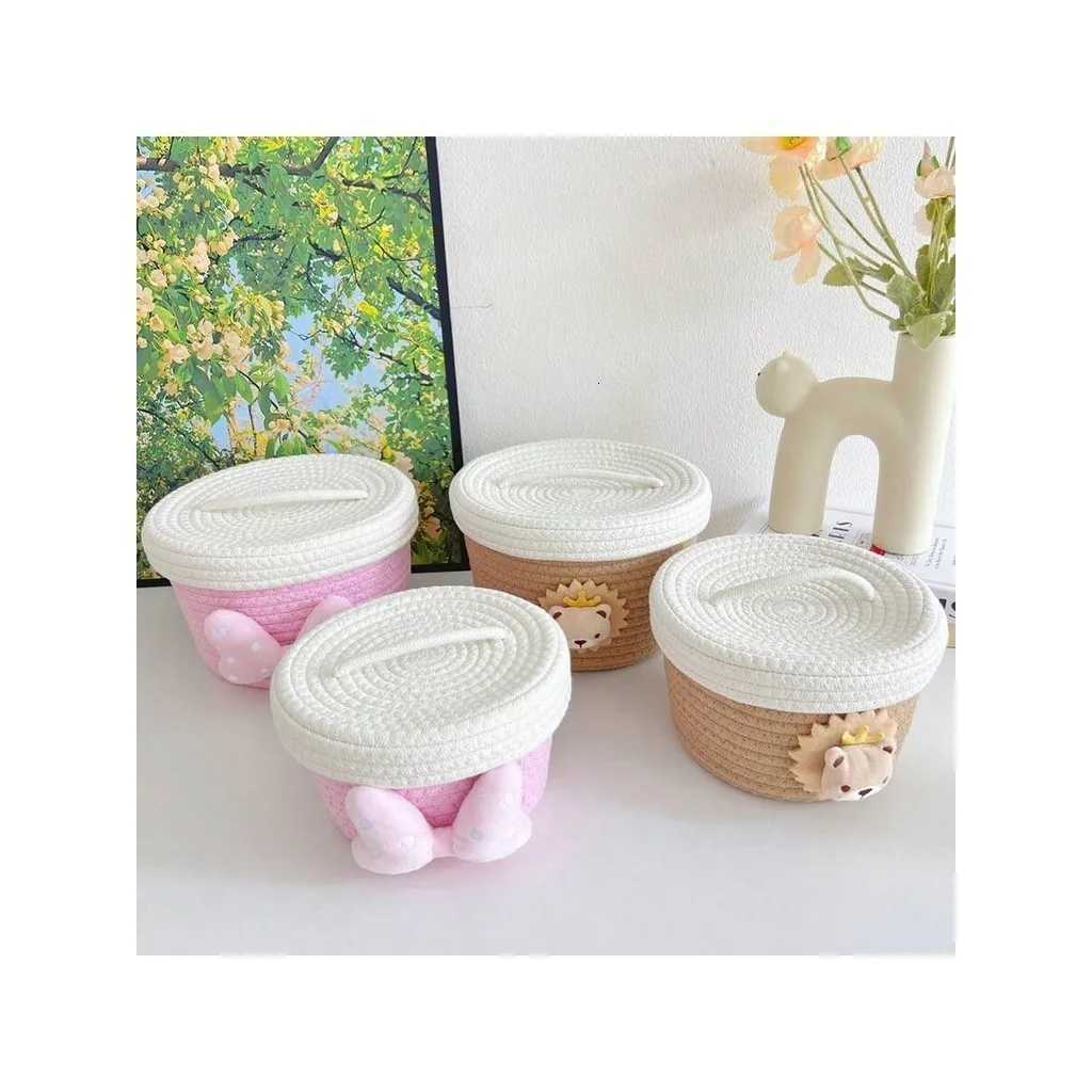 Cotton Rope Handmade Woven Storage Basket With Lid Simple Miscellaneous Organization Tool Living Ro Item Organization Basket Y251112
