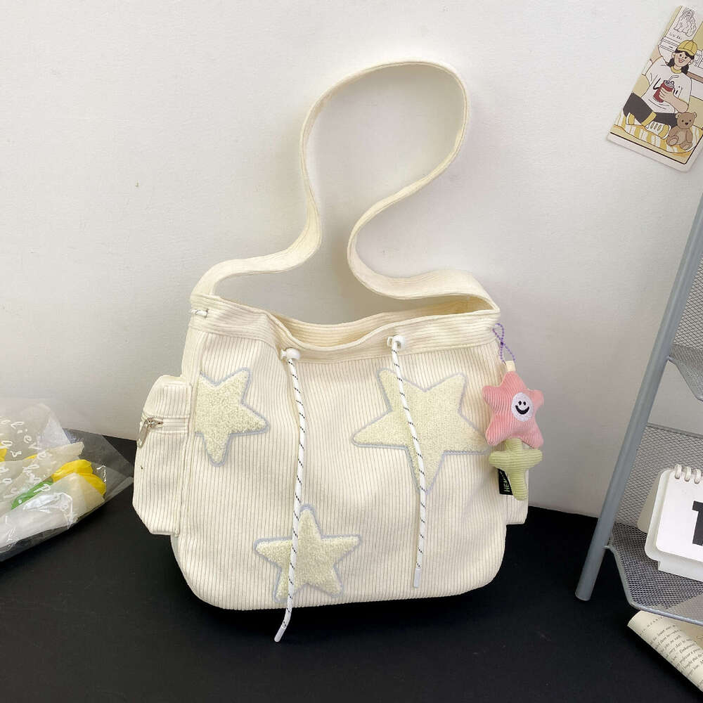 Large capacity corduroy women's single shoulder with high-end feeling, five pointed star crossbody cute student tote bag factory batch