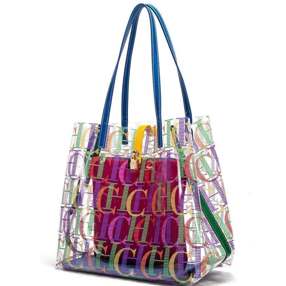 CHHC Macaron Colored Women's Large Capacity Handbag Transparent PVC Letter Printed Shopping Mother Bag