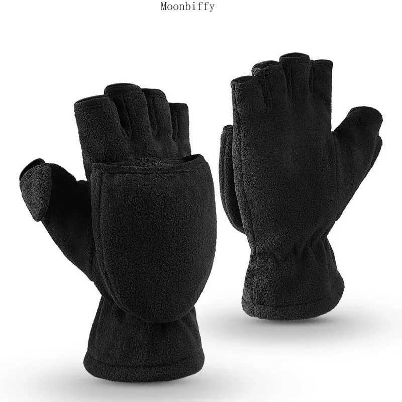 Women Men Winter Polar Fleece Half Finger Flip Gloves Double Layer Thicken Touch Screen Fingerless Convertible Mittens Wrist WarC250412
