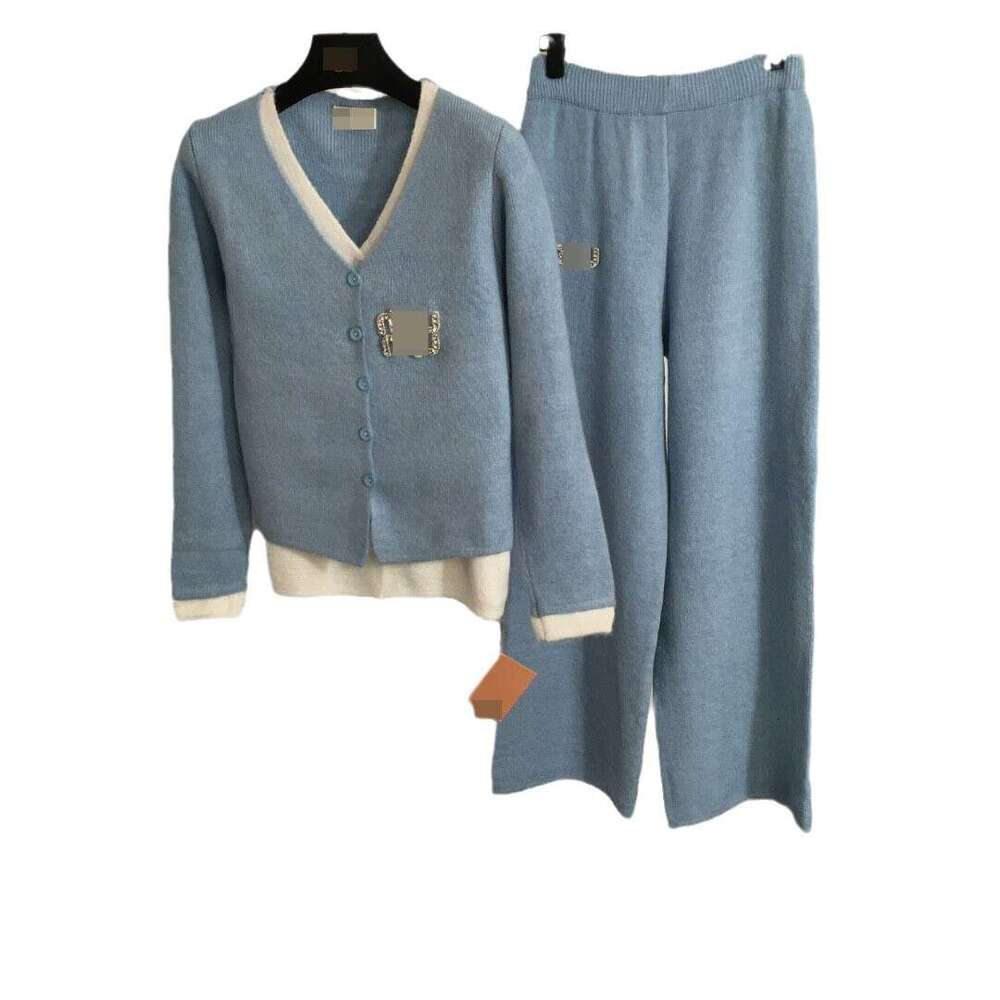 24 Winter New Set with Nail Bead Letter Fake Two Piece V-neck Long Sleeve Knitted Cardigan+High Waist Wide Leg Pants