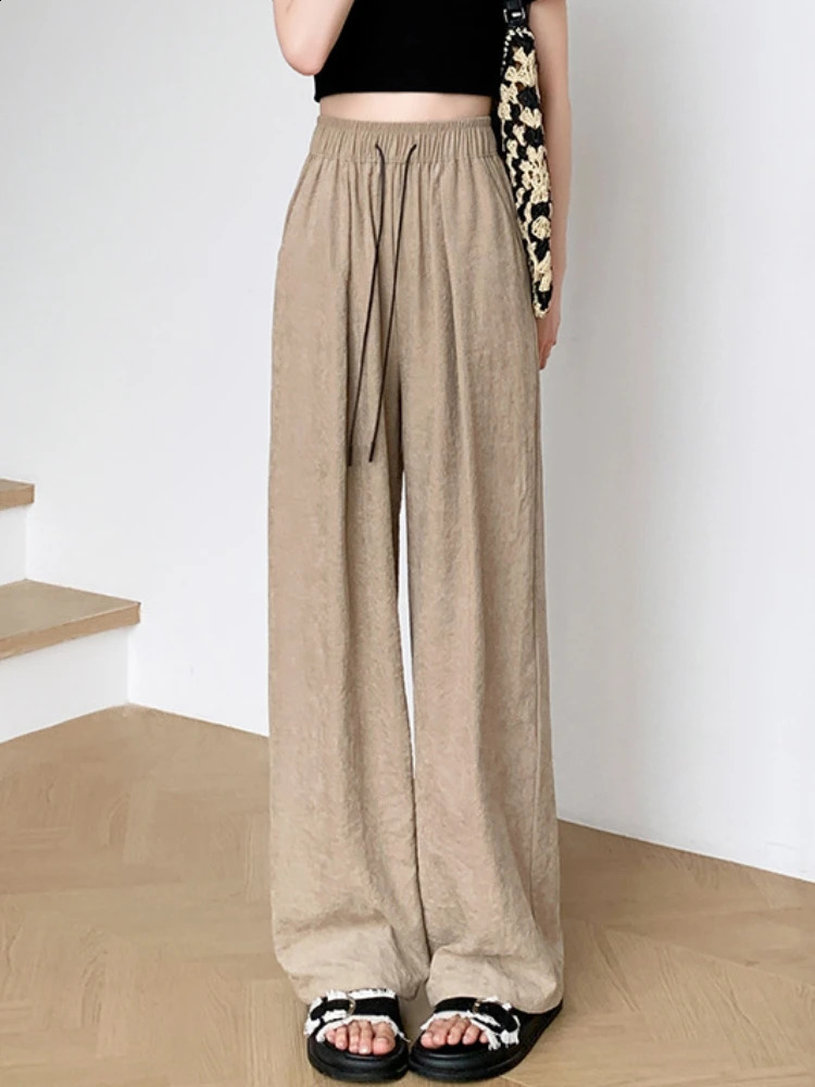 Loose casual pants simple and comfortable brushed elastic waist wide leg pants womens spring/summer straight pants 250411