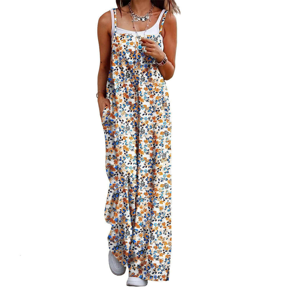 2024 new suspender printed pocket loose and versatile casual women's jumpsuit