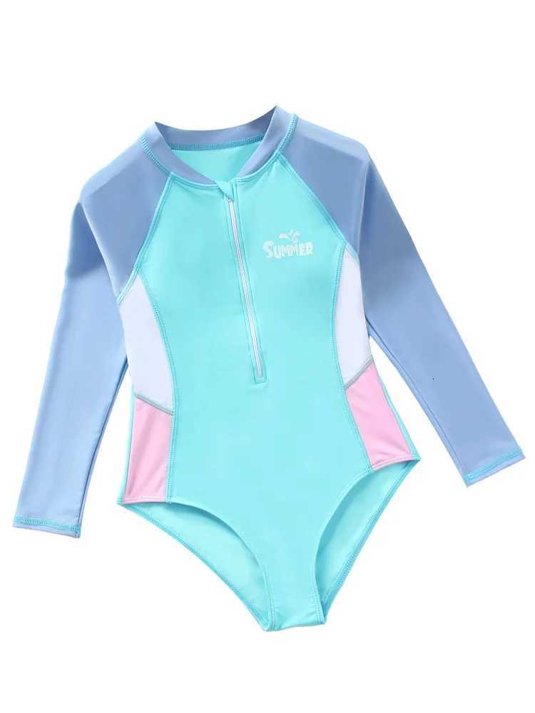One Piece Kids Girls Swimsuit 2025 New Solid Long Sleeves Bodysuit Children Swimwear Summer Monokini Beach Bathing Suit SwimmingW251113