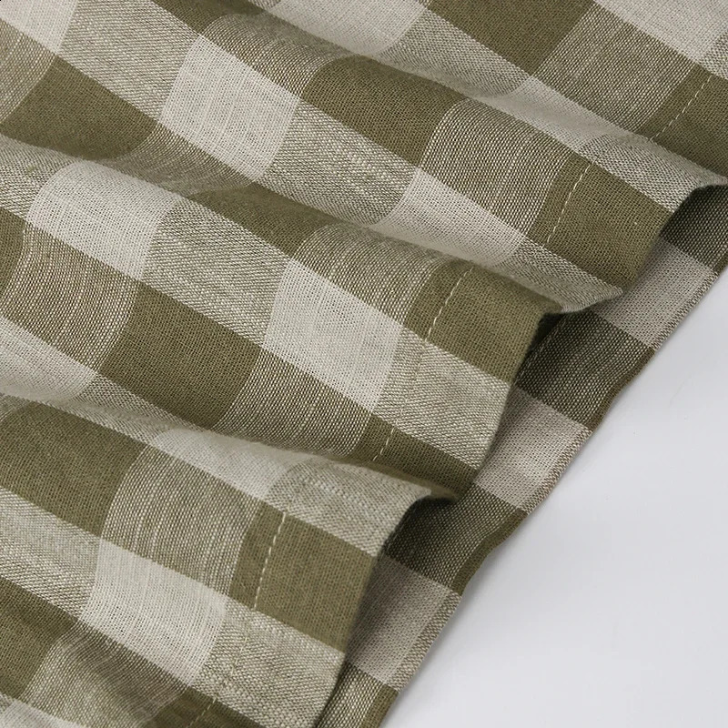 Retro Cotton Linen Green Plaid Shirt For Girls Summer Japanese Children College Style Tie Doll Collar Short-Sleeved T-Shirts 250411