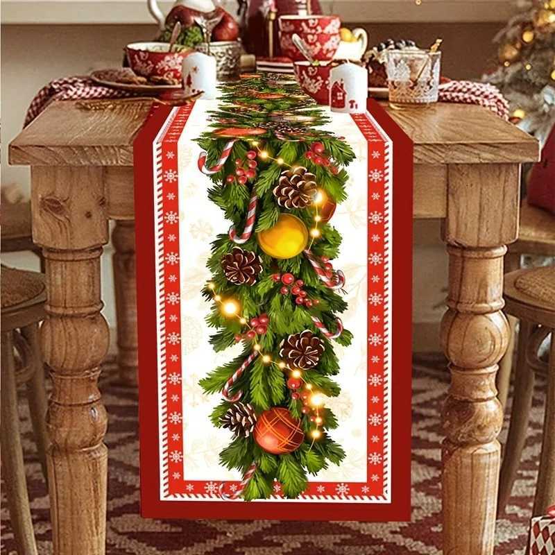 Christmas 1pc Classic Christmas Table Runner with Pine Needles and Ornaments Festive Holiday Dining Decor for Christmas Table Setting Y251113