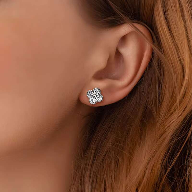 GRA Certificated 925 Sterling Silver Stud Earrings with Moissanite Lucky Four Leaf Clover Design for Womens Wedding Jewelry