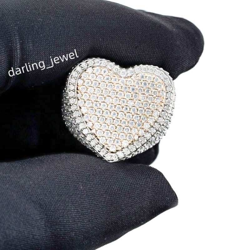 GRA Hip Hop Iced Out Bling 925 Sterling Silver Pass Diamond Tester VVS Two Tone Moissanite Heart Shaped Ring for Men New Design