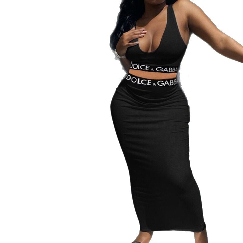 9 days arrived Summer New Fashion Casual Vest High Waist Bodycon Long Skirt Letter Ribbon Casual Two-Piece Set for Women - view 6