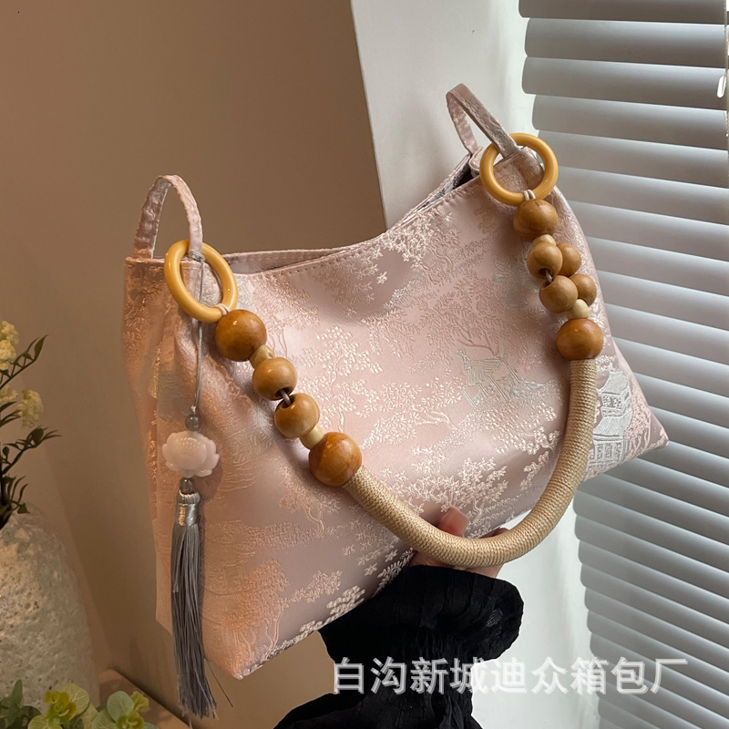 2025S Designer Women S Bag New For Women New Niche Velvet Embossed Artistic Chinese Style Armpit Bag Simple Wooden Bead Casual Handbag