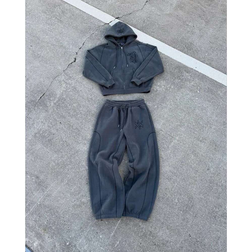 Hip hop fashion Vintage patchwork pattern embroidery design men clothing Y2k set Punk Haruku casual couple oversized tracksuit