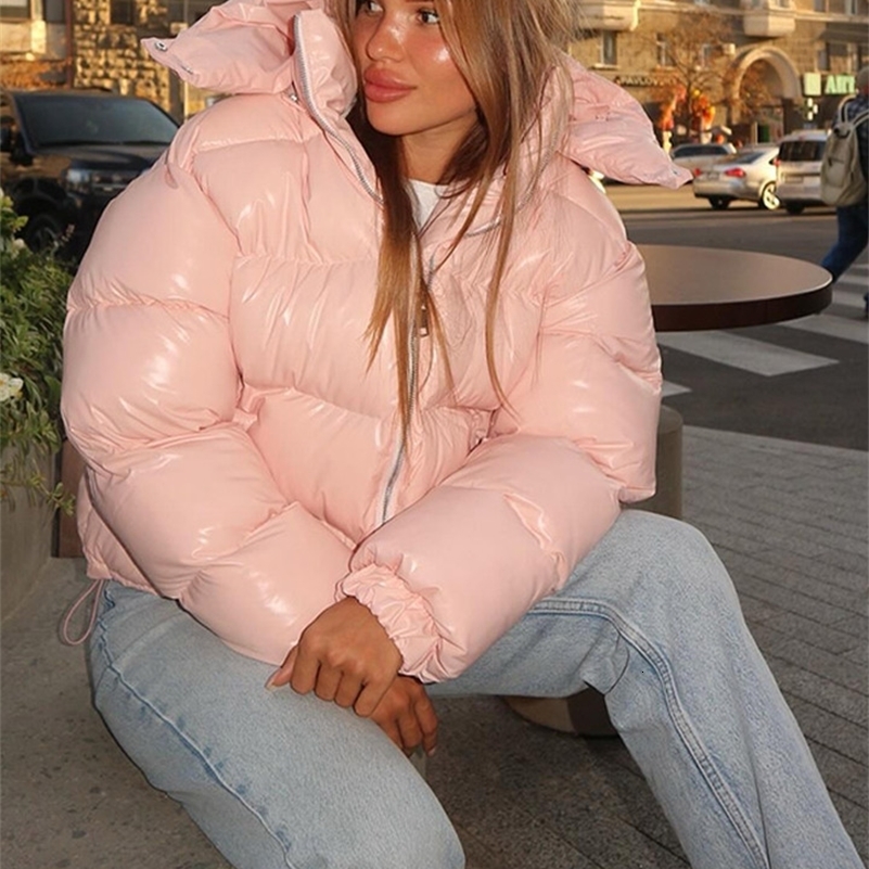 Casual Womens Puffy Winter Jackets With Hood Stand Collar Zipper Long Sleeve Warm Coat 2025 Autumn Lady Street Chic Down Jacket 251112