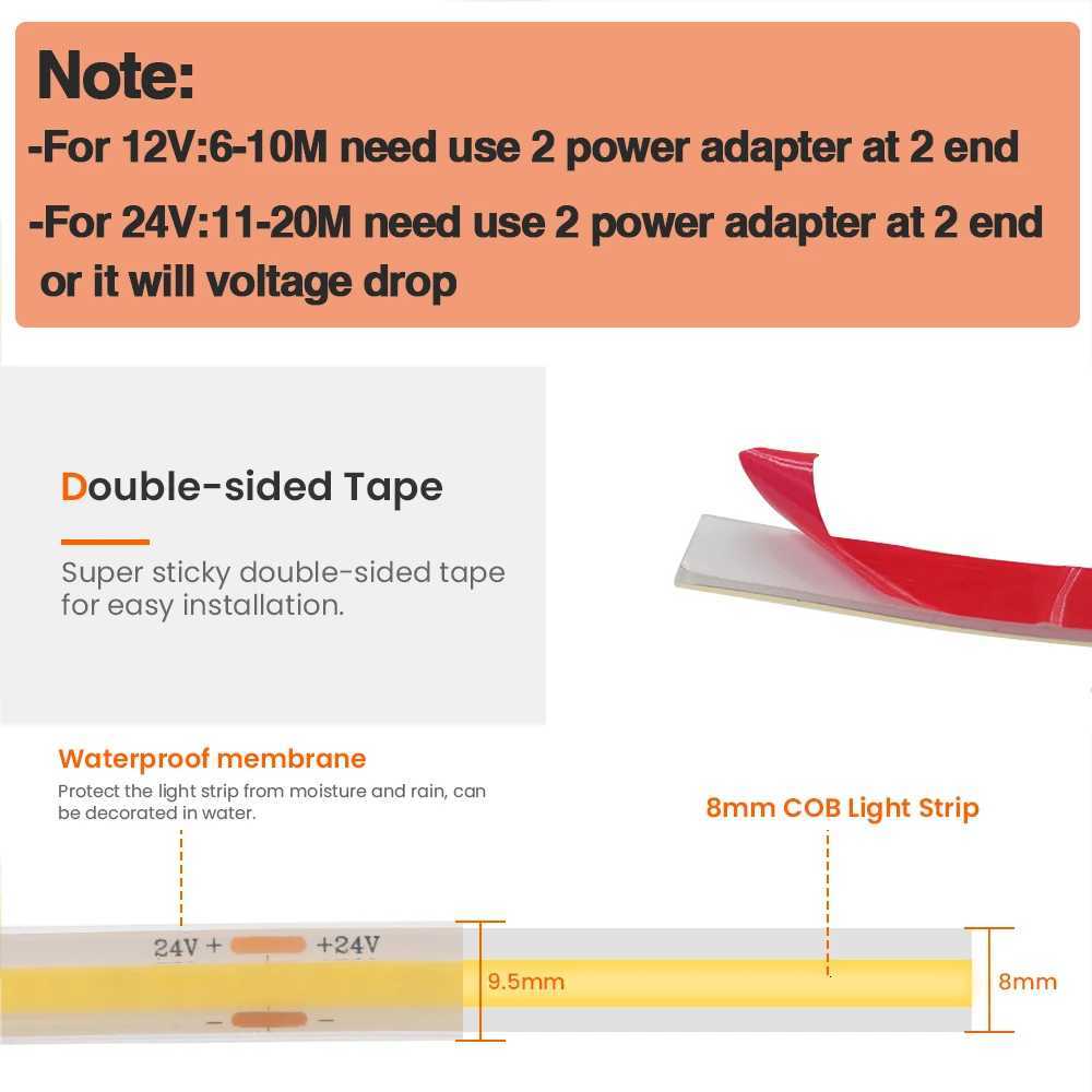 IP68 Waterproof COB Strip 12V 24V 320Leds/M RA90 3000K 4000K 6000K Home Garden Decor Flexible Ribbon Rope LED Light 1M 10M 20M W251112