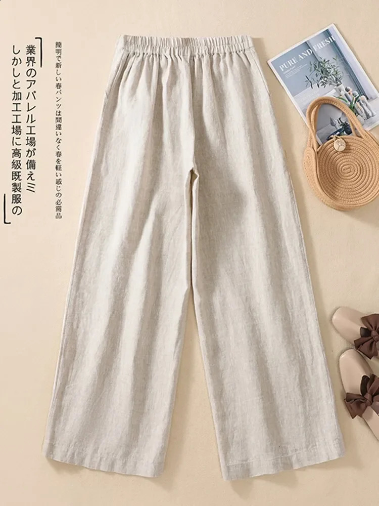 Womens casual wide leg pants summer retro style solid color straight loose womens cotton linen pants 250411