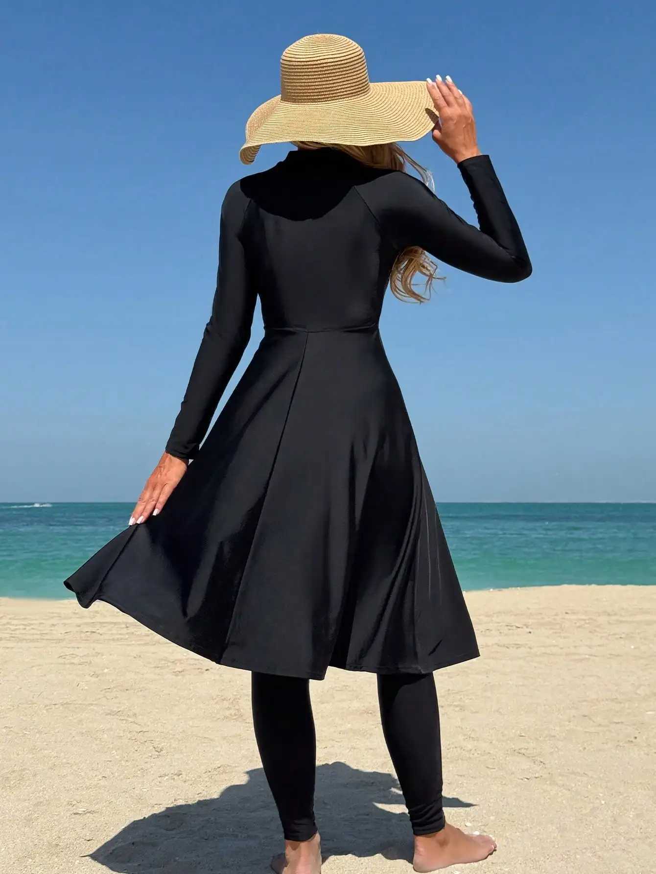 Elegant Black Womens Flesh-Covering Slimming Zipper Long-Sleeved Dress Pants Seaside Sun Protection Swimsuit Beach SuitW251113