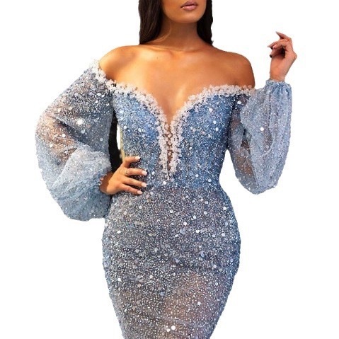 2025 Spring/summer New Womens Casual Dress with Gold Sprinkle V-neck Perspective Fish Tail Evening Dress