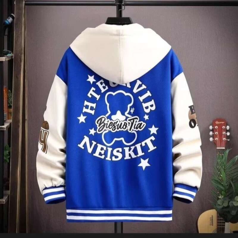 Baseball Jersey for Autumn Winter Black Blue Hooded Jacket Quality Cotton Hoodie Haruku High Street Men's Clothing
