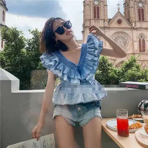 Women V-Neck Ruffled Denim Sleeveless Shirts High Waist Summer Lotus Multi-Layers Pleated Blouse Folds Crop Tops Blusas Mujer