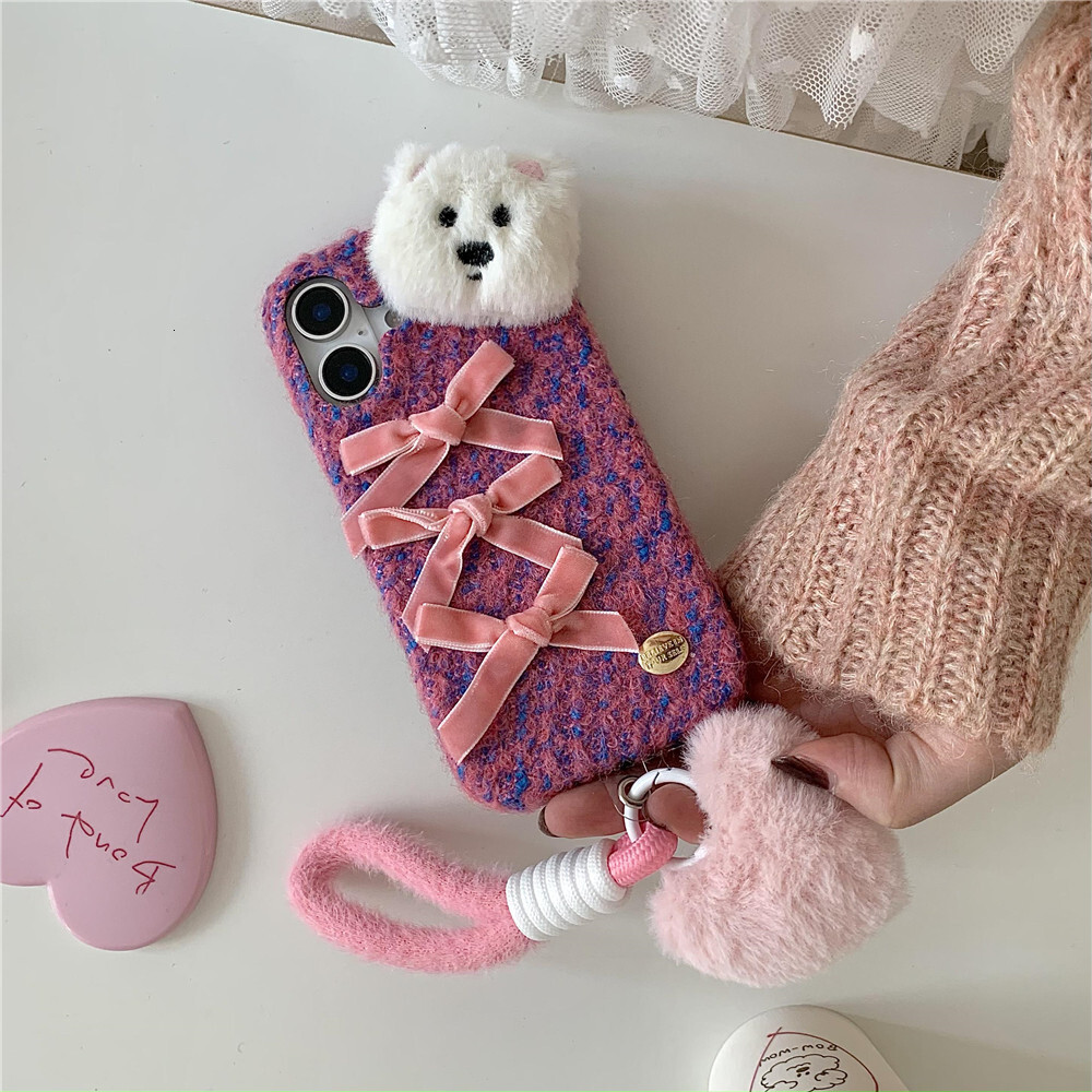 Bowknot Plush Dog Phone Case Compatible with iPhone 16/15 Pro Max Love Bracelet iPhone 14/13/12 Pro Cartoon