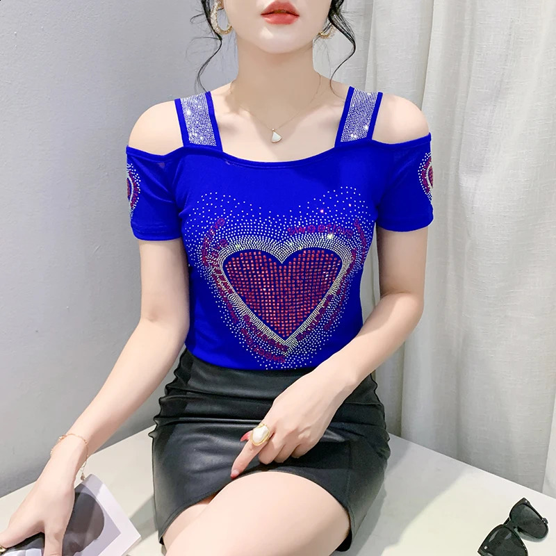 Aoxison Summer Short sleeved Womens Tshirt Elegant Slim Shining Love Diamond Mesh Top Unique Girl Sexy Off Shoulder 250407