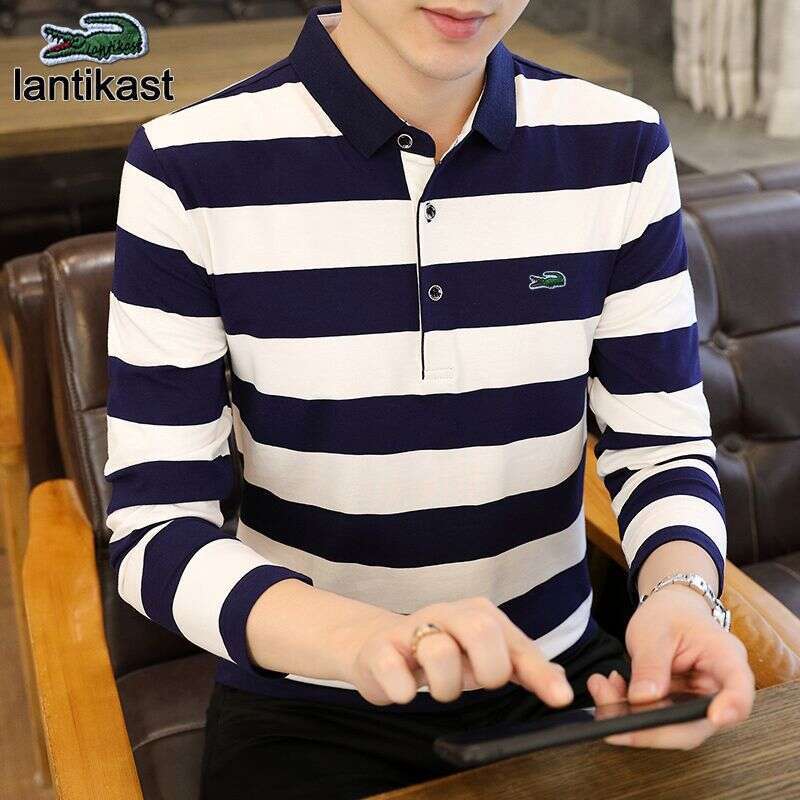 Noble Crocodile Pure Cotton designer Striped Long Sleeve T-Shirt Turn-Down Collar Men's Polo Base Middle-Aged Dad's Autumn Shirt