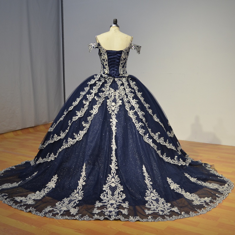 Navy Blue Shiny Princess Quinceanera Dresses Off Shoulder Applique Beads Tull Sweet 16 Dress Ball Gown Vestidos 15 De Anos