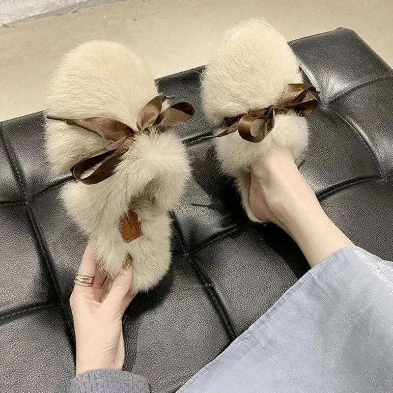 New Free Shipping Designer Shoes Slippers For Women, Worn As Outerwear Hairy Women's New Autumn Fashion Item Flat Bottomed And Versatile Bow Bow 