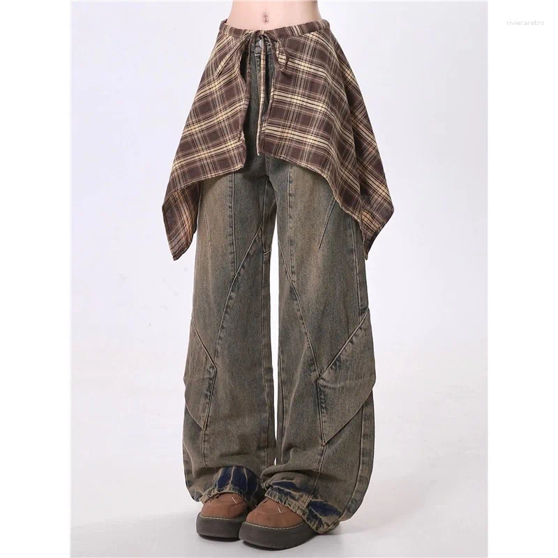 Women's Jeans ZHIZOU Women Blue Y2k With Skirt Harajuku Vintage Baggy Denim Trousers Japanese 90s Style Oversize Jean Long Pants Clothes Z260313