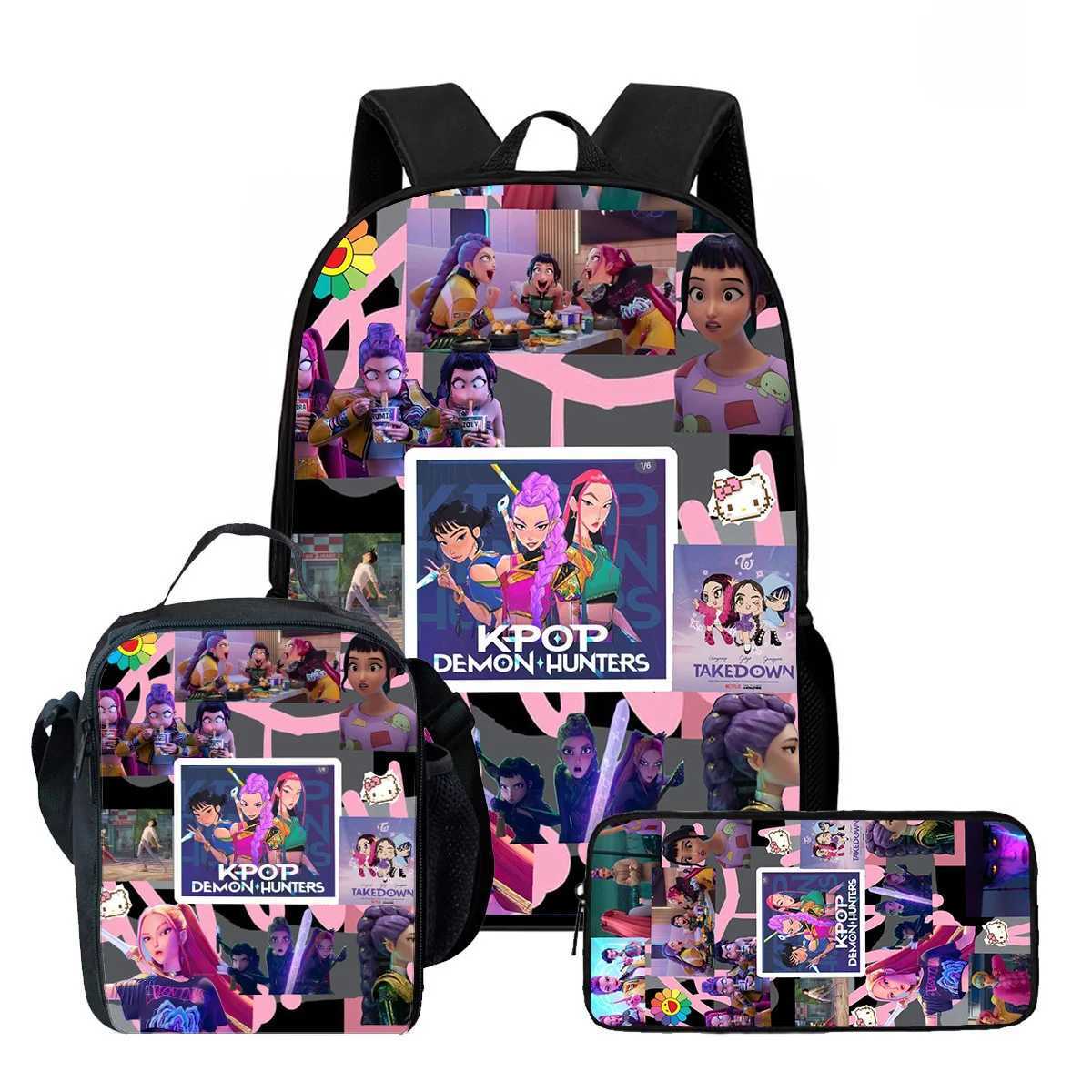 3Pcs Kpop Demon Hunters Huntrix School bags Set for Girls Boys Pencil Boxes Backpack Sets with Lunch Box For School DaypackW251113