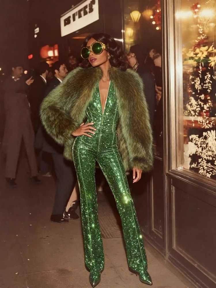 Fashion Womens Green Sequined Halter Jumpsuit With Deep V Neck Flared Legs 2025 Evening Party Elegant Female Slim Outerwear 251113