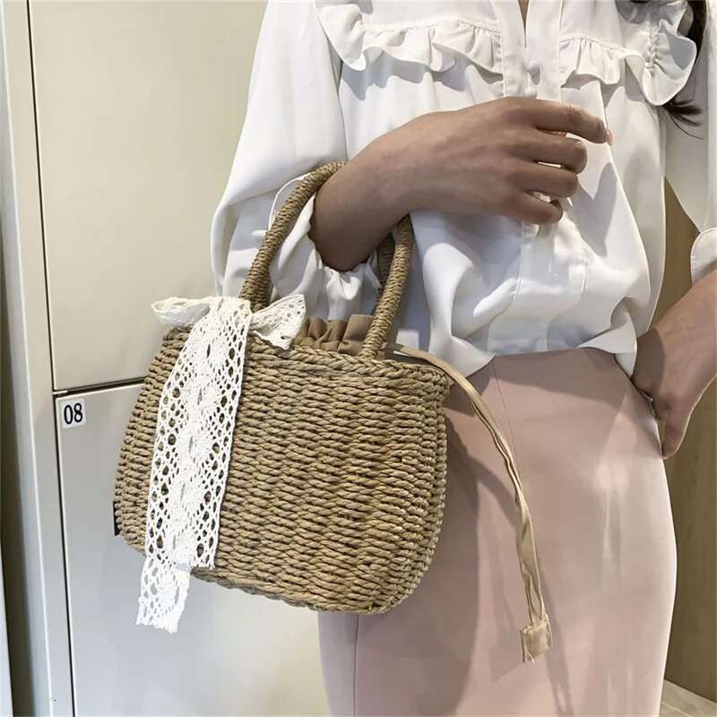 Handmade Beach Bag Women Straw Woven Drawstring Handbag Girls Solid Color Holiday Purse Crossbody Beach Bags Summer Rattan Tote Kq1