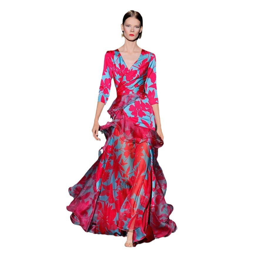 2025 New Dress Temperament Womens Printed Maple Leaf Slim Fit Multi-layer V-neck Long Skirt