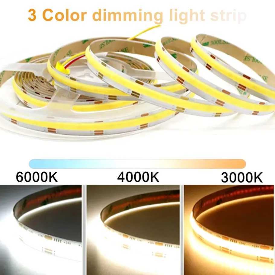 24V Dimmable 3 Color CCT COB LED Strip Light 8mm 10mm Width 2700K To 6500K Color-Changing LED Tape Linear Double Color RA90 W251112