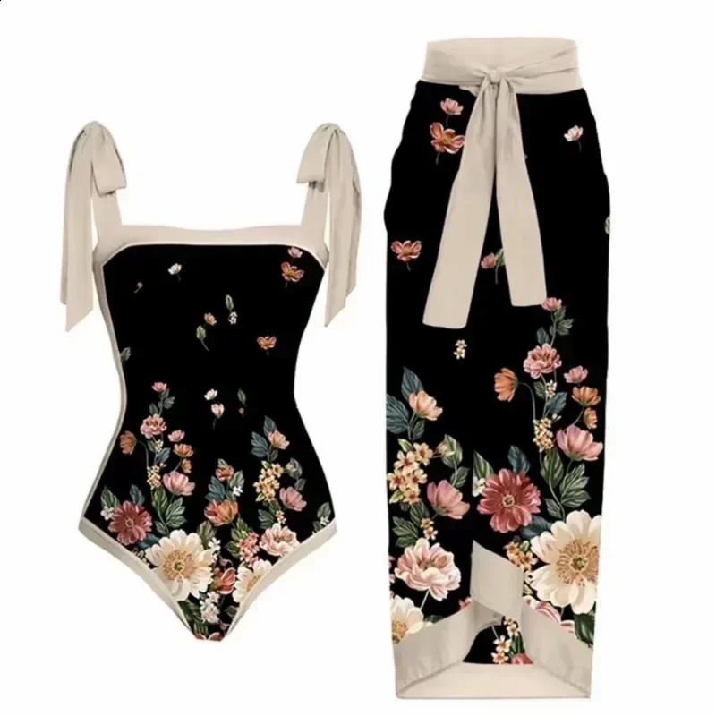 One Piece Swimsuit Bikini with Skirt Swimwear Summer Women Bowknot Cover Up 2025 Elegant Brazilian Beach Bathing Suit 250410