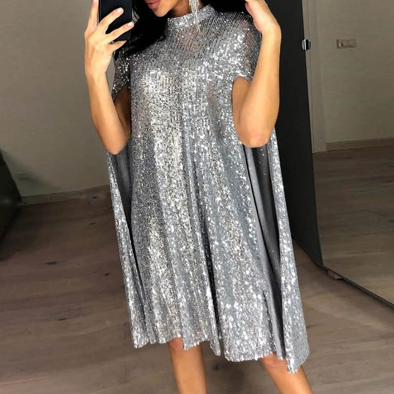 New Spring 2025 Small Stand Up Collar Sequined Dress for Loose Womens Clothing