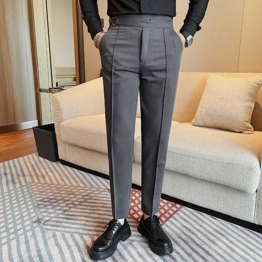 High waisted mens pants 2024 autumn British style ultra-thin fit solid business casual formal dress mens clothingXJ250412