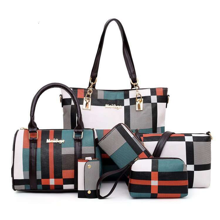 New grid six piece set mother tote with contrasting color trend, one shoulder portable women's bag