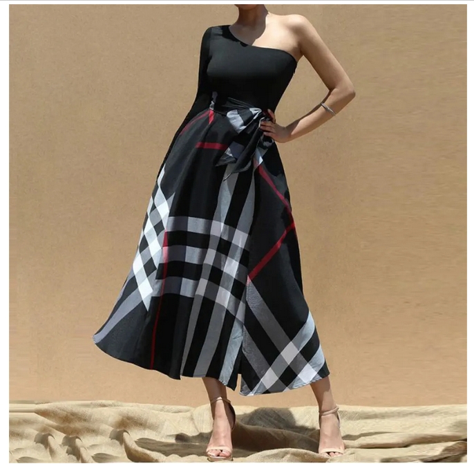 Designer Spring and Autumn women's single shoulder dress plus size printed long sleeved short skirt vest casual shirt clothing
