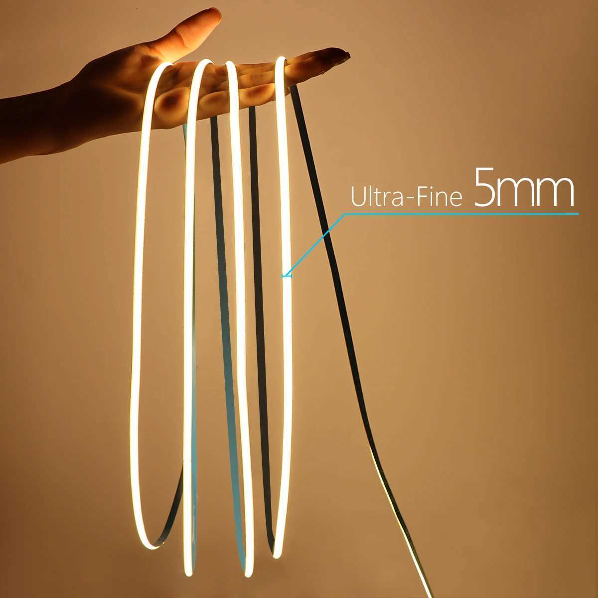 Ultra Bright FCOB COB LED Strip Lights 12V Flexible 5MM PCB Width RA90 Super Thin Neon Tape Decoration Lights For Kitchen Cabine W251112