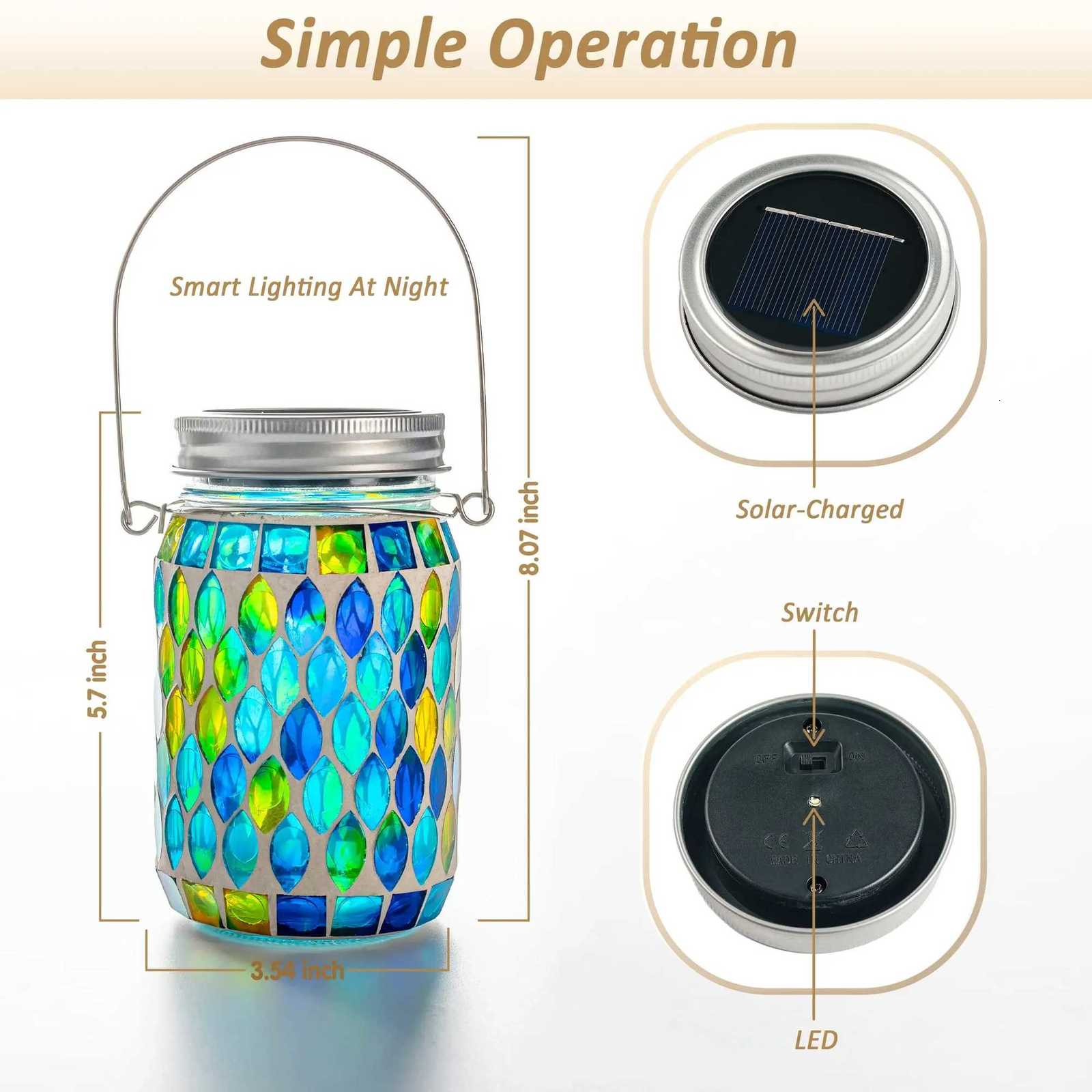 Solar Mosaic Lantern Hanging Mason Jar Glass Lights Outdoor Waterproof Table Lamp Decoration for Garden Patio Party Yard Balcony M251113